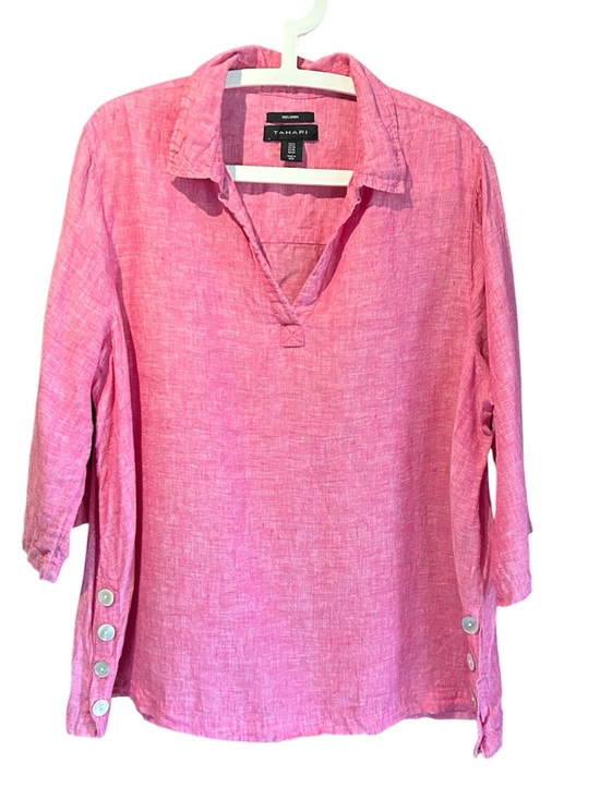 Tahari Tops - Tahari Pink Linen Collared V-Neck Tunic